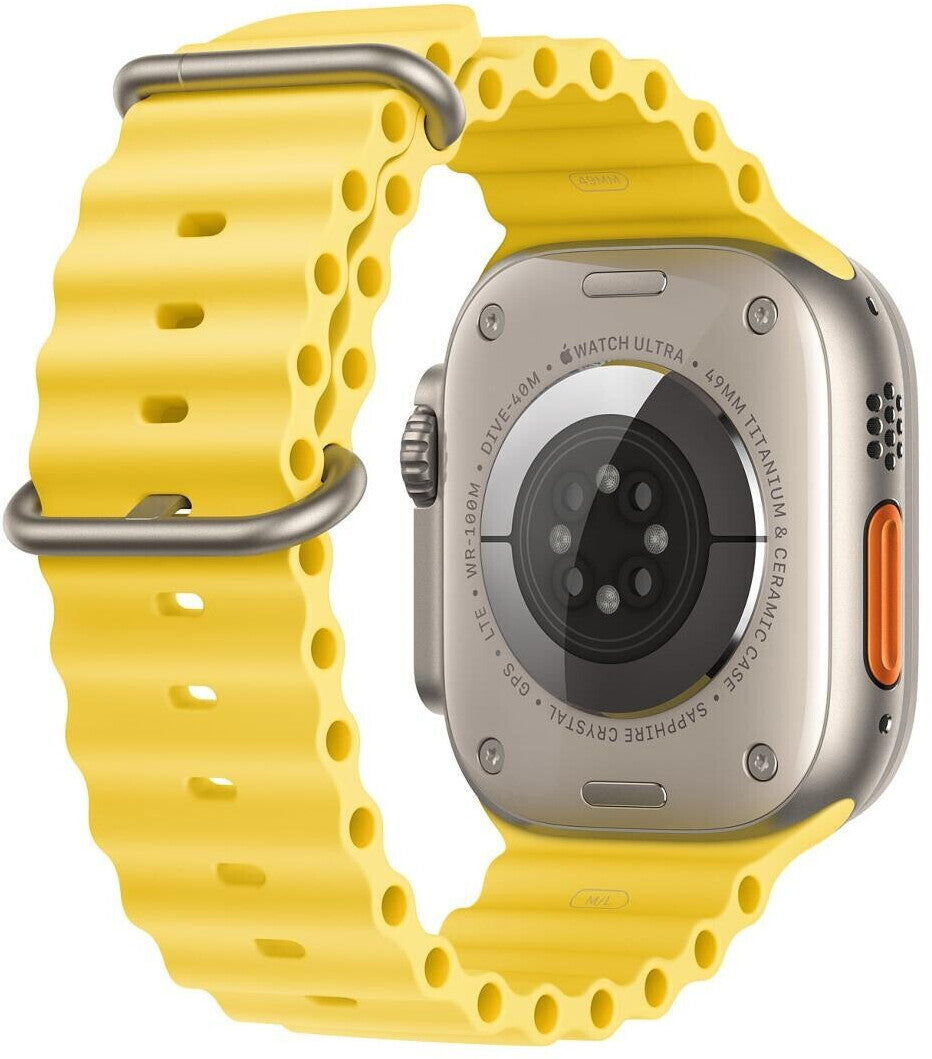 Apple Watch Ultra (2022) – 49 mm – GPS + Cellular – Silver – Gult Ocean-armband – Utmärkt skick Apple