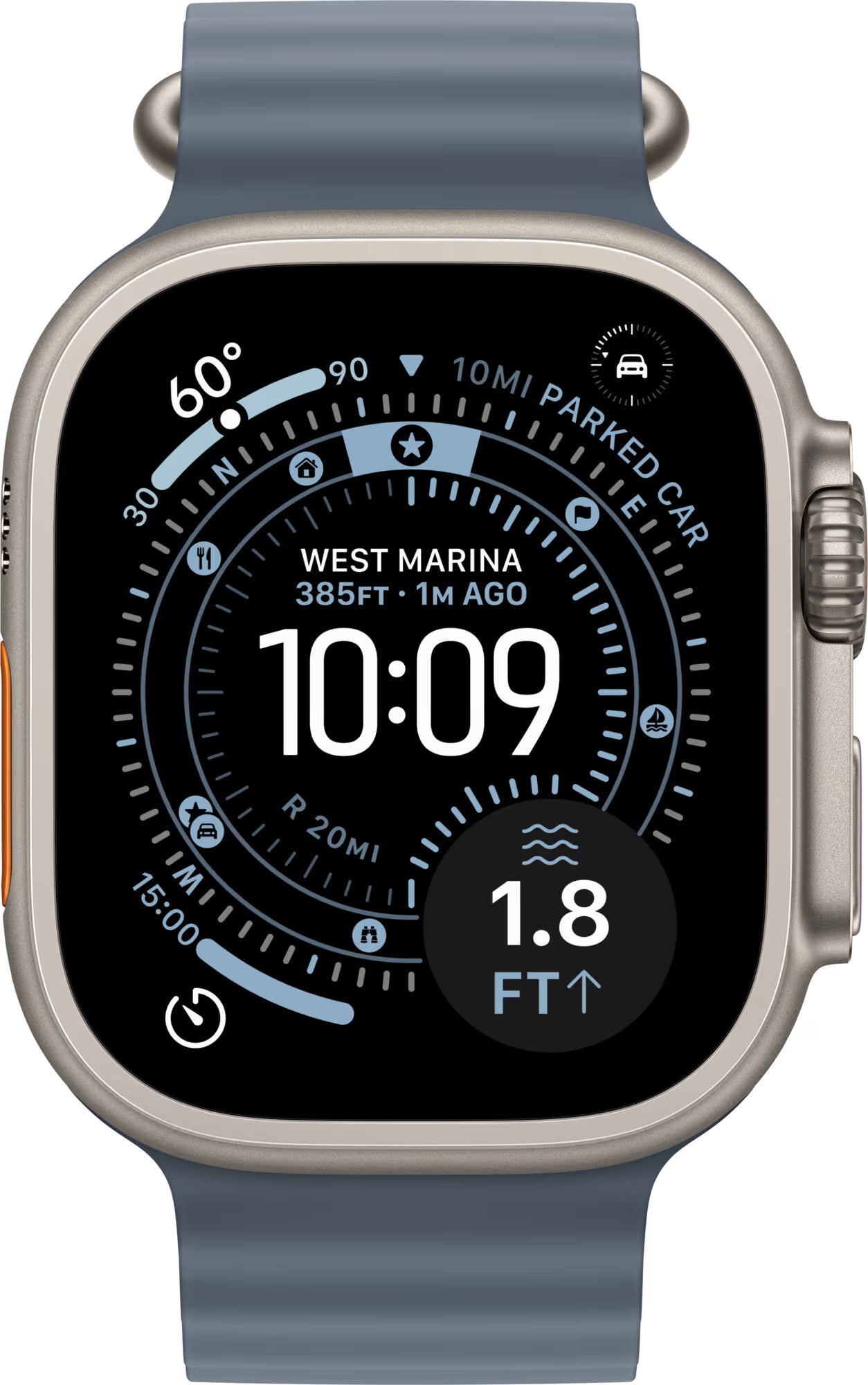 Apple Watch Ultra 3 (2025) | GPS + Cellular | Naturlig Titan | Ocean-armband Marinblå
