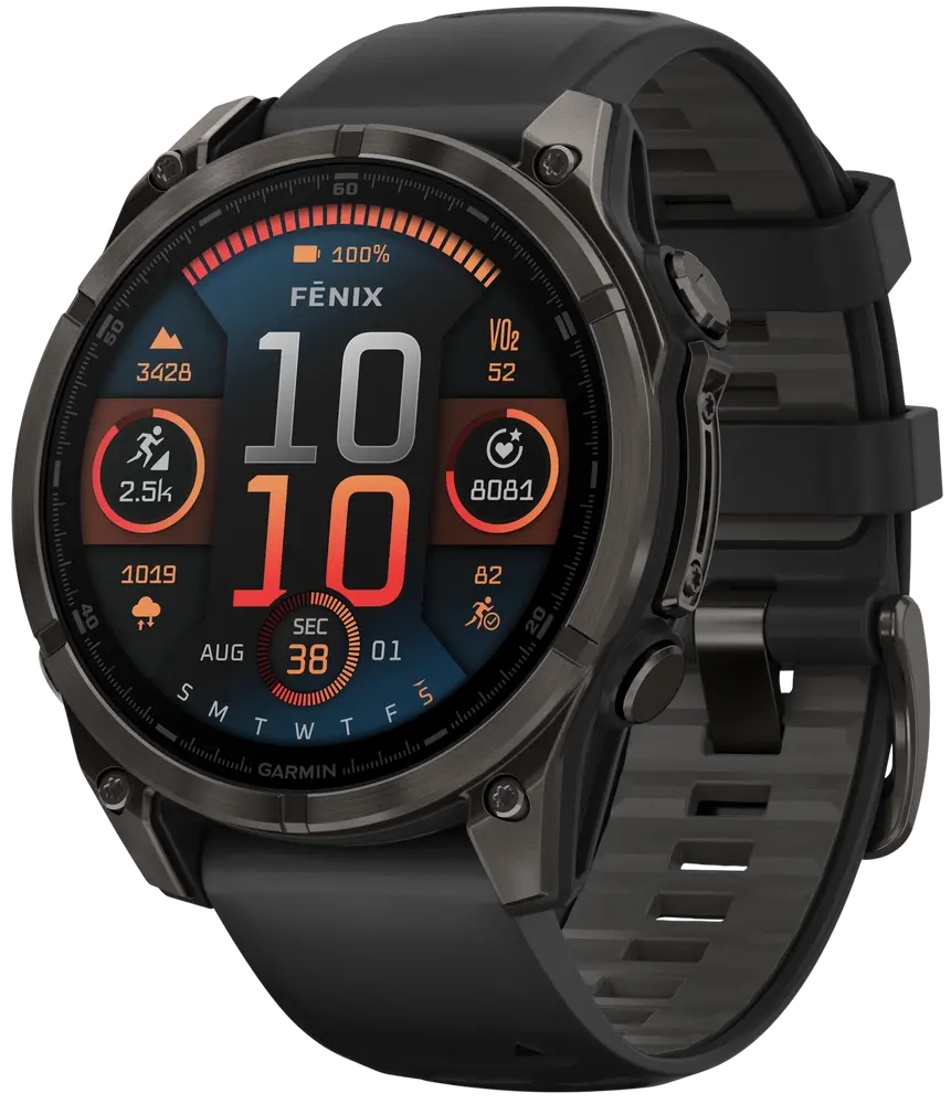 Garmin Fenix 8 47mm AMOLED Sapphire – Carbon Gray DLC Titanium med Black/Pebble Gray Silicone – Utmärkt skick Garmin