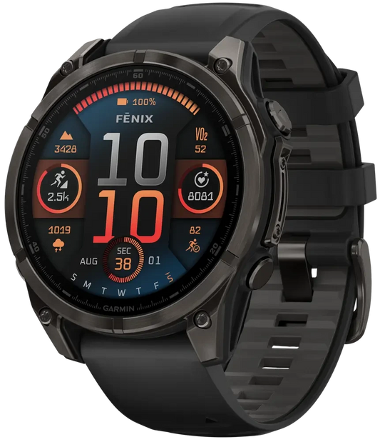 Garmin Fenix 8 47mm AMOLED Sapphire – Carbon Gray DLC Titanium med Black/Pebble Gray Silicone – Utmärkt skick
