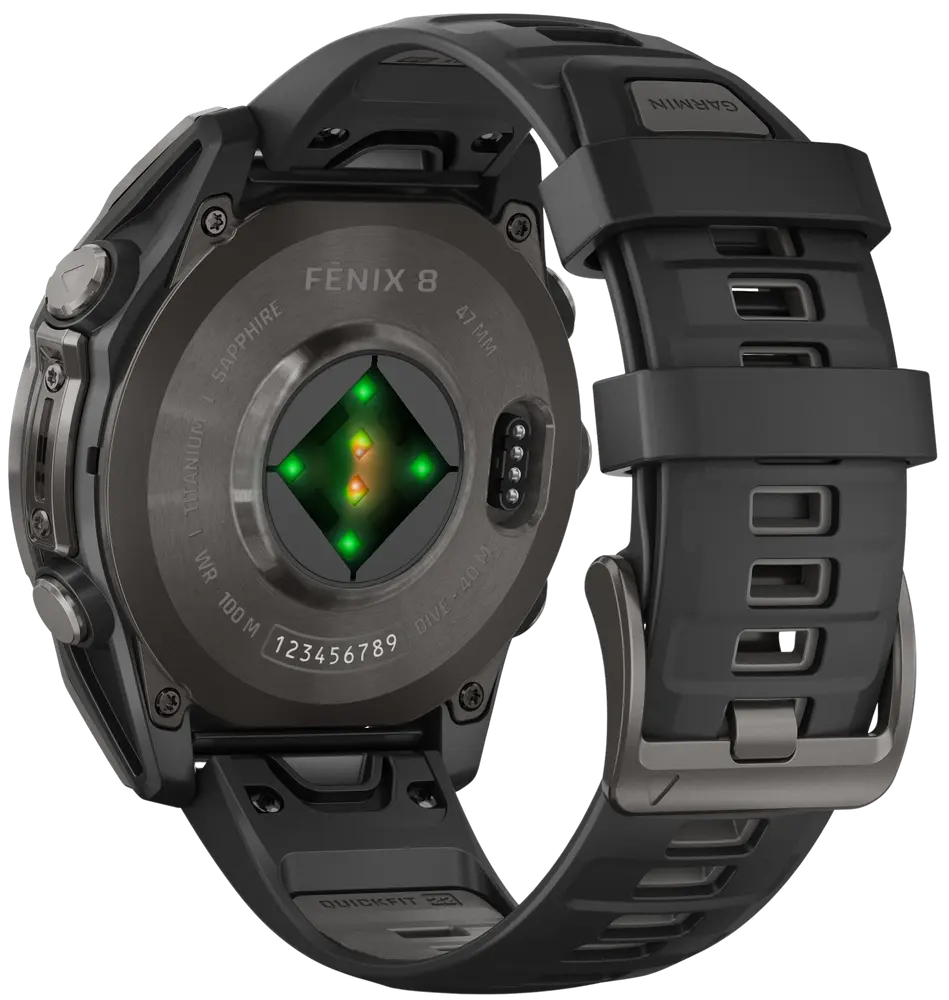 Garmin Fenix 8 47mm AMOLED Sapphire – Carbon Gray DLC Titanium med Black/Pebble Gray Silicone – Utmärkt skick Garmin
