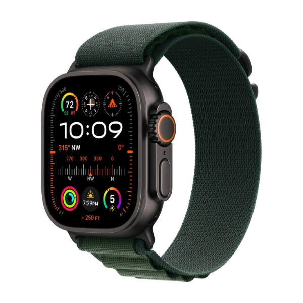Apple Watch Ultra 2 GPS + Cellular 49 mm – Svart Titan – Mörkgrön Bergsloop – Utmärkt skick