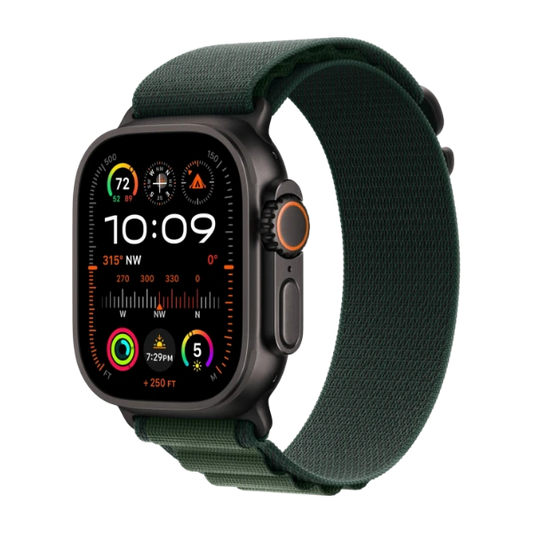 Apple Watch Ultra 2 GPS + Cellular 49 mm – Svart Titan – Mörkgrön Bergsloop – Utmärkt skick