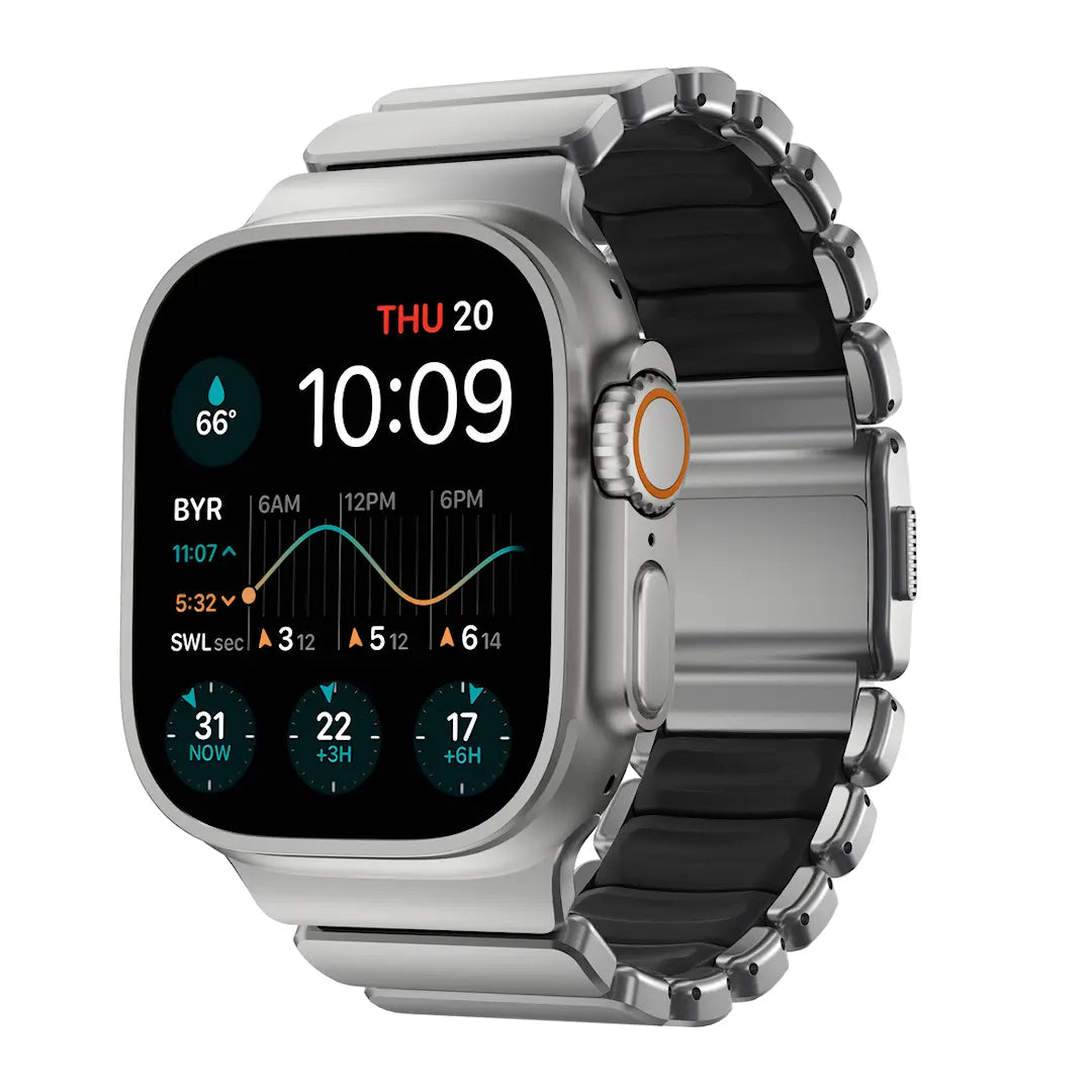 Apple Watch Ultra 49 mm 1st Gen – Stratos Armband – Natural Titanium / Black – Bra skick Nomad