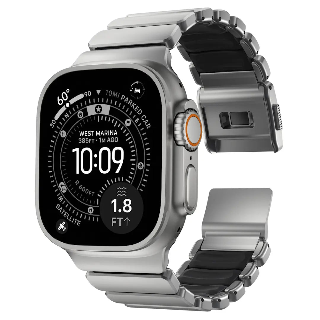 Apple Watch Ultra 49 mm 1st Gen – Stratos Armband – Natural Titanium / Black – Bra skick Nomad