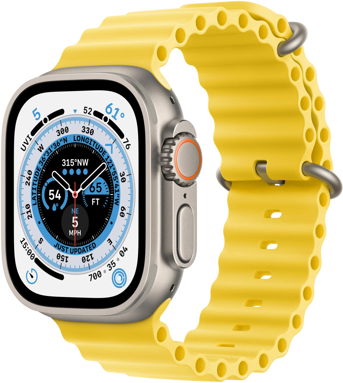 Apple Watch Ultra (2022) – 49 mm – GPS + Cellular – Silver – Gult Ocean-armband – Utmärkt skick Apple