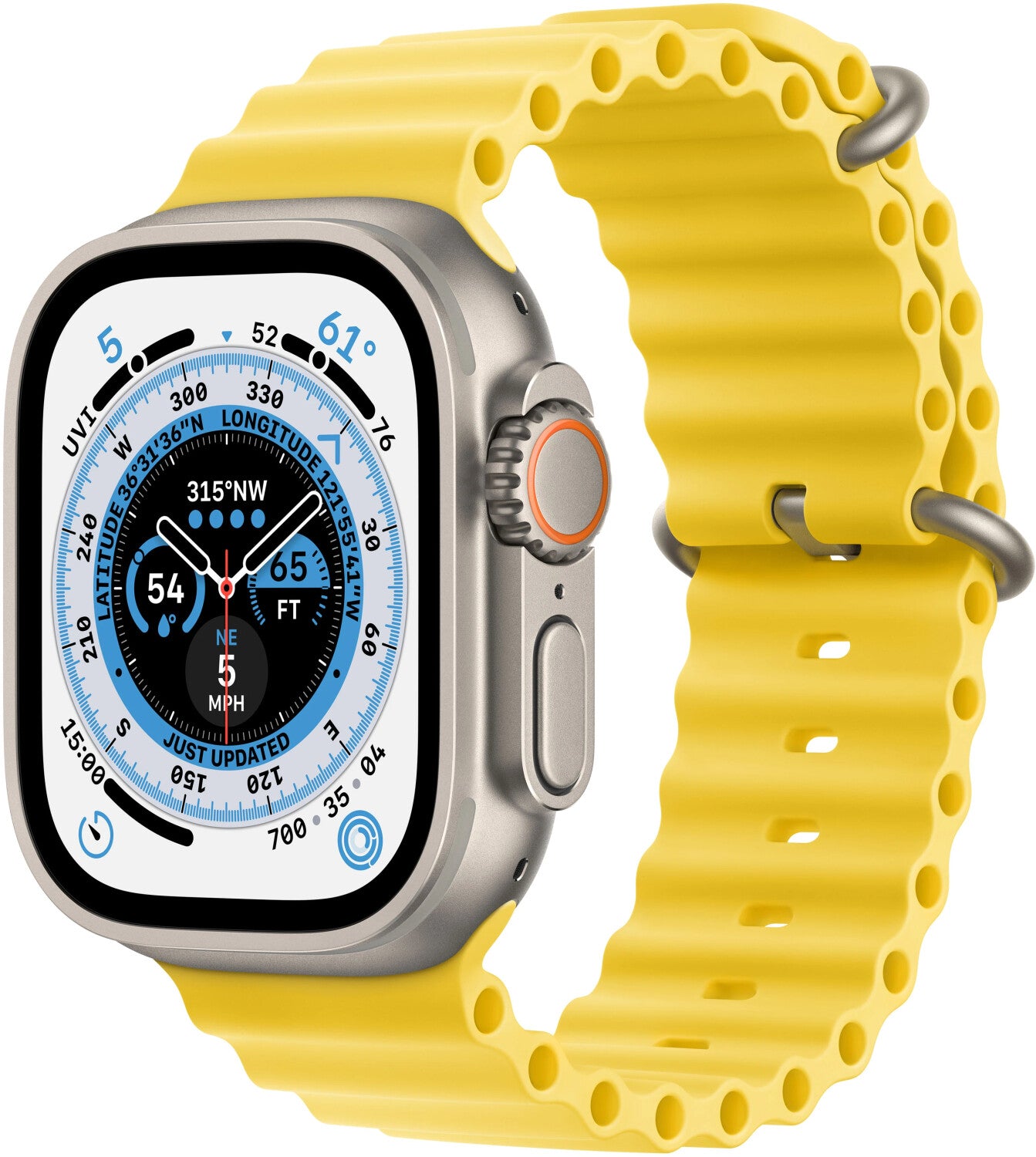 Apple Watch Ultra (2022) – 49 mm – GPS + Cellular – Silver – Gult Ocean-armband – Utmärkt skick Apple