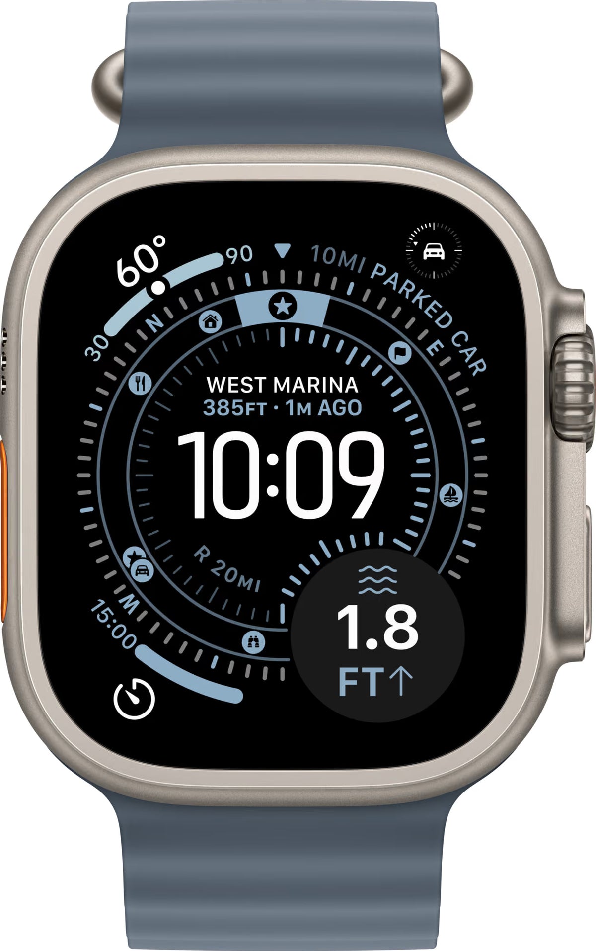 Apple Watch Ultra 3 – 49 mm – Natural Titanium – Anchor Blue Ocean Band – 100% batterihälsa – Utmärkt skick Apple